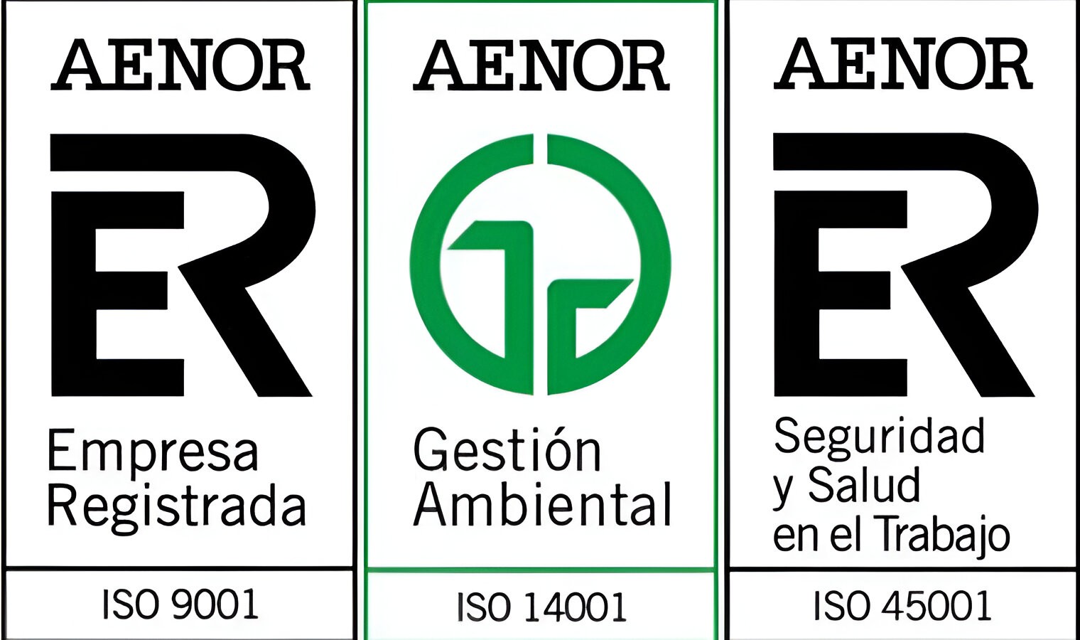Sellos AENOR de certificación ISO 9001, ISO 14001 e ISO 45001 de MPM
